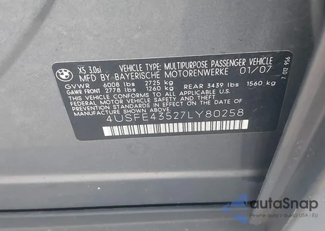 2007 BMW X5 3.0Si z USA, uszkodzony, nr VIN 4USFE43527LY80258